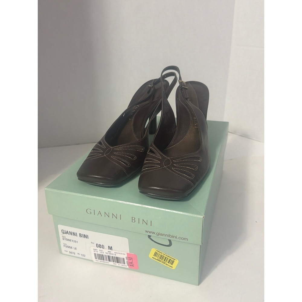 Gianni Bini Sydney 201 Fudge Brown Leather Slingback Square Toe Heels Womens 8M